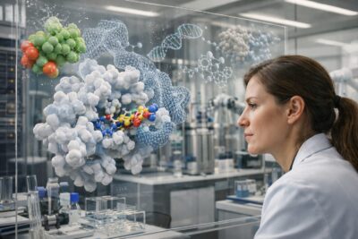 AI biotech chiusa in un laboratorio del futuro con simulazioni molecolari e progettazione farmaci guidata dall’intelligenza artificiale