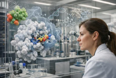 AI biotech chiusa in un laboratorio del futuro con simulazioni molecolari e progettazione farmaci guidata dall’intelligenza artificiale