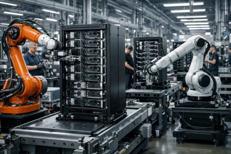 AI fisica 2026 in una fabbrica avanzata dove robot assemblano server per intelligenza artificiale
