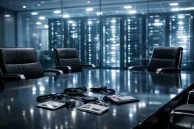 AI washing nelle Big Tech: sala riunioni vuota e data center sullo sfondo