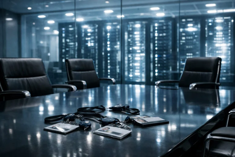 AI washing nelle Big Tech: sala riunioni vuota e data center sullo sfondo