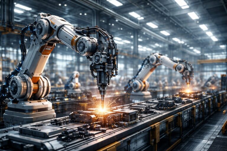 Physical AI industriale in una fabbrica avanzata con robot su linea produttiva