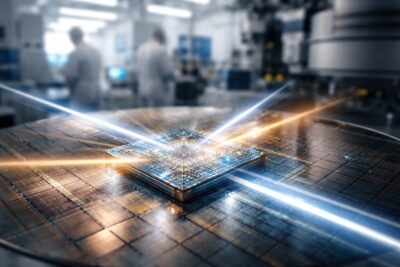 AI fotonica 2026 con chip nanofotonico che elabora dati usando la luce