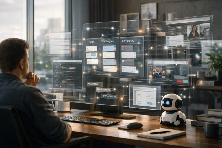 AI agents autonomi che lavorano da soli in un ufficio del futuro con schermi, robotica e supervisione umana