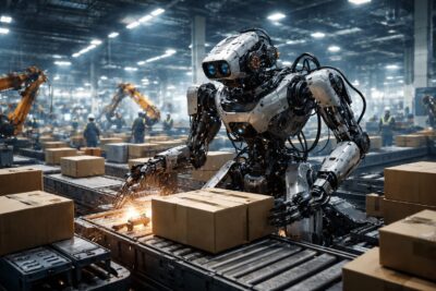 Physical AI industriale in una fabbrica avanzata mentre un robot gestisce un ambiente reale complesso