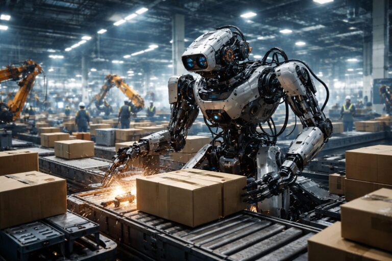 Physical AI industriale in una fabbrica avanzata mentre un robot gestisce un ambiente reale complesso