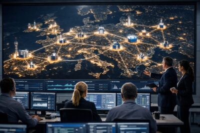 Sovranità AI europea in una rete telco-edge-cloud con data center distribuiti, nodi edge e infrastruttura digitale continentale