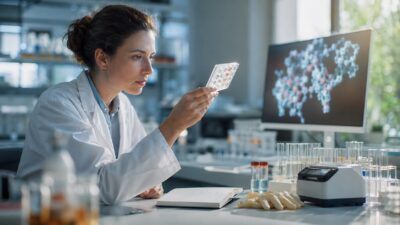 Farmaci progettati dall’AI in un laboratorio luminoso dove ricercatori e intelligenza artificiale collaborano alla medicina del futuro