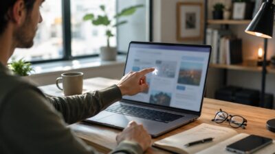 Puntatore AI usato su un computer moderno mentre una persona indica elementi sullo schermo con naturalezza