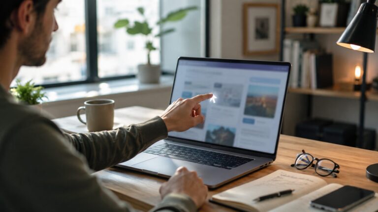 Puntatore AI usato su un computer moderno mentre una persona indica elementi sullo schermo con naturalezza