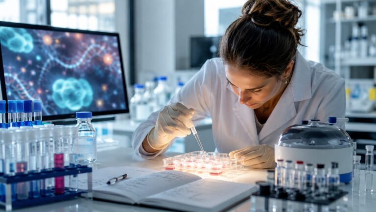Età biologica misurata in un laboratorio moderno con campioni biologici e ricercatori al lavoro sulla longevità