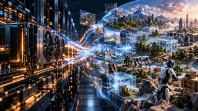 GPU e world model tridimensionale con robot che apprendono in ambienti simulati, simbolo dell’acquisizione di World Labs da parte di AMD