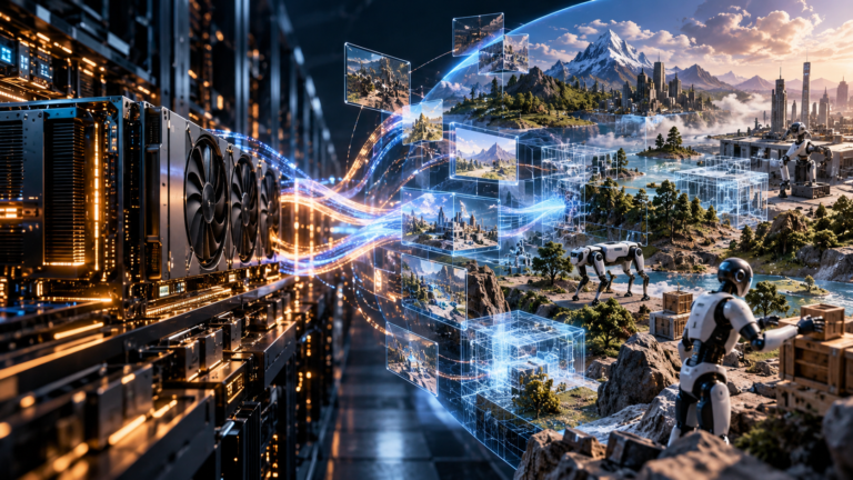 GPU e world model tridimensionale con robot che apprendono in ambienti simulati, simbolo dell’acquisizione di World Labs da parte di AMD