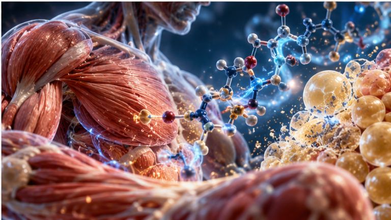 Visualizzazione biomedica di tessuto muscolare e molecole progettate con AI per la ricerca metabolica ISM1354
